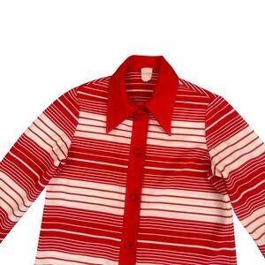 Vintage Red Striped Shirt Womens L Poly Disco Button Up Long Sleeve 70s Retro